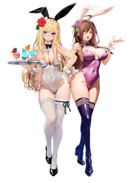 2girls absurdres animal_ears armpits ass_visible_through_thighs ayase_shichikai bare_shoulders black_bow black_bowtie black_footwear blonde_hair blue_eyes blush boots bow bowtie breasts breasts_apart brown_eyes brown_hair cameltoe chamomile cleavage closed_mouth collar covered_navel cup darkness_(konosuba) detached_collar drinking_glass eyes_visible_through_hair fake_animal_ears female female_only flower full_body groin hair_flower hair_ornament hand_up highleg highleg_leotard highres holding holding_tray jewelry kono_subarashii_sekai_ni_shukufuku_wo! large_breasts leotard long_hair looking_at_viewer multiple_females multiple_girls necklace open_mouth playboy_bunny poppy_(flower) purple_bow purple_bowtie purple_flower purple_leotard purple_rose pussy rabbit_ears red_flower revealing_clothes rose shoes simple_background standing strapless strapless_leotard thigh_boots thigh_strap thighhighs thighhighs_under_boots thighs tight_clothing traditional_bowtie tray white_background white_collar white_flower white_leotard white_thighhighs white_wrist_cuffs wiz_(konosuba) wrist_cuffs x_hair_ornament