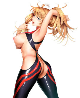 1girls arm_up armpits ass ass_crack bare_arms bare_shoulders blonde_hair blue_eyes blush bodysuit breasts butt_crack cowboy_shot curvy female female_focus from_side half-closed_eyes hand_in_own_hair hand_up highres hip_focus large_breasts legs lips long_hair looking_at_viewer looking_back miyabi_(miyabi_r18) nipples nose_blush o-ring open_mouth original pose simple_background smile solo tsurime turtleneck white_background wide_hips