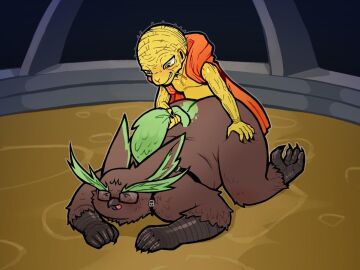 alien anonpupb anthro avian babidi bent_over bird color dragon_ball duo duplicate fan_character gay gay_male humanoid male male/male mind_control owl tail tail_pull yaoi