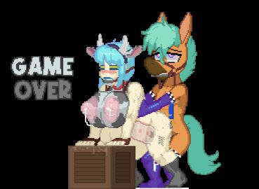 <3_eyes anthro anthro_on_human bent_over big_breasts blue_eyes blue_hair blush breasts bridle cow_outfit crate cum cum_drip cum_dripping cum_dripping_out_of_pussy cum_in_pussy cum_in_vagina cum_inside cum_on_ground cum_splatter dizzy doggie_bones elbow_gloves equine eye_roll female female_penetrated fingerless_gloves half-closed_eyes happy_heart_panic heart-shaped_pupils horn horns horns_hairband horse horse_penis horsecock human human_on_anthro internal internal_cumshot internal_vaginal internal_view lactating lactation large_breasts male male/female male_penetrating male_penetrating_female penis pixel_art pregnant pregnant_belly pregnant_female pregnant_sex pussy sam_(doggie_bones) socks standing stockings transparent_background