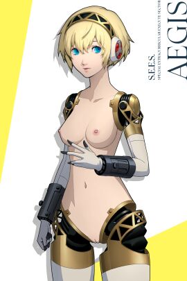 accurate_art_style aigis_(persona) android atlus blonde_hair blue_eyes breasts clothing edit edited edited_official_artwork english_text female hairband headwear joints looking_at_viewer medium_breasts megami_tensei navel nipples nude nude_filter persona persona_3 persona_3_reload portrait pussy robot robot_girl robot_joints ryusentzumi self_upload short_hair smile solo sprite_edit third-party_edit vagina