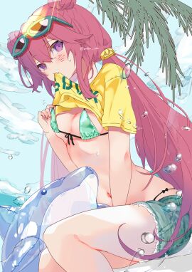 1girls anoko_san beach bikini biting_clothes breasts dolphin_floatie female floatie grace_(sound_voltex) medium_breasts micro_bikini official_alternate_costume palm_tree popsicle short_shorts short_sleeves sound_voltex swimsuit t-shirt yellow_t-shirt