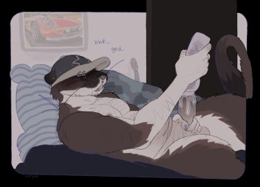 anthro balls blush body_hair brown_body brown_fur chest_hair clothing facial_paint fur genitals hat hat_only hat_over_eyes headgear headgear_only headwear headwear_only hi_res lying male mammal masturbation mostly_nude mustelid musteline nipples on_back onahole penetrable_sex_toy penis penis_grab pillow sex_toy solo tagme true_musteline weasel white_body white_fur wobbybones