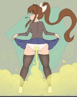 brown_hair carafalsa doki_doki_literature_club fart fart_cloud fart_fetish farting female green_eyes looking_back monika_(doki_doki_literature_club) panties red_eyes simple_background upskirt white_panties
