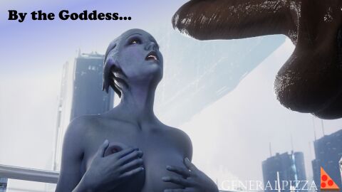 1boy 1girls 3d balls big_balls big_penis blue_skin dark-skinned_male dark_skin dialogue female generalpizza interracial liara_t'soni male mass_effect nude nude_female penis