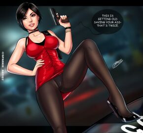 ada_wong asian asian_female athletic athletic_female black_hair breasts brown_eyes busty english_text female female_focus female_only fully_clothed high_heels hourglass_figure looking_at_viewer makeup resident_evil resident_evil_2 resident_evil_2_remake short_hair sparkietheartist tagme text wide_hips