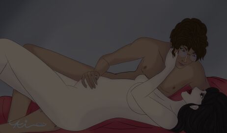 alastor_(hazbin_hotel) bad_quality black_hair breasts brown_eyes brown_hair colored_skin couple couple_(romantic) curly_hair female glasses hazbin_hotel human humanized laying_down male naked naked_female naked_male nipples oc oc_x_canon pregnant pregnant_female rubbing_belly