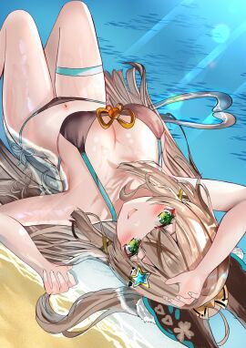1girls 2024 2d 2d_(artwork) alternate_costume animal_tail beach bikini bikini_bottom bikini_top blush bra breasts cat_girl cat_tail catgirl cleavage day female female_focus female_only genshin_impact green_eyes grey_hair high_resolution highres kirara_(genshin_impact) light-skinned_female light_skin long_hair looking_at_viewer lying lying_on_back lying_on_water medium_breasts mitsu336 nekomata ocean sand side-tie_bikini slim_female smiling smiling_at_viewer solo solo_female solo_focus summer swimsuit thigh_strap thong thong_bikini two_piece_swimsuit water wet wet_body young younger_female