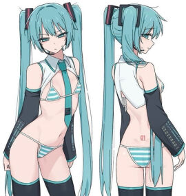 1girls bikini blue_hair blush breasts caststation collar female hatsune_miku hatsune_miku_(collared_bikini) small_breasts small_butt source_request striped_bikini sweat tie vocaloid