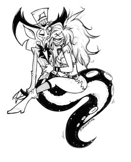 1boy 2024 2d black_and_white blushing breasts cherri_bomb_(hazbin_hotel) colorless cyclops embrace eyes female fishnets freckles hair hat hazbin_hotel male monochrome nipples shoes sir_pentious_(hazbin_hotel) smiling snake straight teeth twiggietime vivienne_medrano watermark wholesome