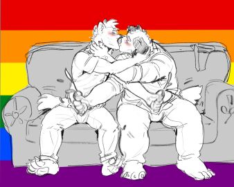 2023 anthro blush bodily_fluids bottomwear canid canine canis clothed clothed_sex clothing cum domestic_dog duo ejaculation fully_clothed furniture genital_fluids hand_on_face handjob hi_res holding_face kissing knest lgbt_pride male male/male male_only mammal mutual_masturbation orgasm pants pants_undone paws penile penis pride_colors rainbow_flag rainbow_pride_colors rainbow_pride_flag rainbow_symbol sex shirt simultaneous_orgasms sitting slightly_chubby slightly_chubby_anthro slightly_chubby_male sofa sofa_sex t-shirt tail topwear