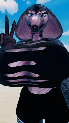 beach bimbo breasts cleavage female goth huge_breasts lipstick milf peace_sign skimpy snake vrchat