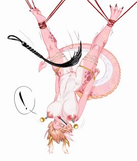 anthro areola arms_behind_back ball_gag big_breasts blonde_hair bondage bound breasts clamp claws curvy_figure dragon female femsub full-length_portrait gag genital_torture genitals gold_(metal) gold_jewelry hair hands_tied hanging_breasts hi_res horn jewelry kantoku legs_tied multicolored_body mythological_creature mythological_scalie mythology nipple_clamp nipple_piercing nipples nude piercing pink_body portrait pussy pussy_spanking pussy_torture questionable_consent restrained scalie scared shaded simple_background solo suffering tail thick_thighs toe_claws upside-down whip white_background wide_hips yellow_eyes