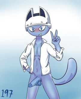 197 1boy abs alternate_version_available blue_skin blush erect_penis erection furry goober_(197) headgear helmet humanoid_penis male male_focus male_only non-human non-human_only penis skinny solo solo_focus tail v young