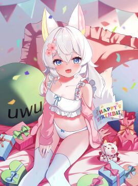 1girls bed blue_eyes breasts chappycherri clothed female fox_ears fox_girl hair_between_eyes hair_ornament koicorp skinny small_breasts virtual_youtuber vtuber white_hair white_panties