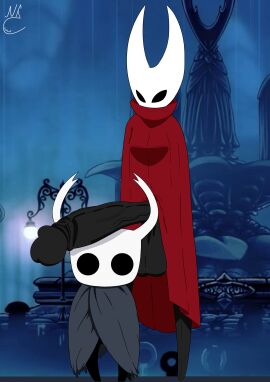 1boy 1futa 1girls 2d 2d_(artwork) 2d_artwork balls cloak female futanari hollow_knight hollow_knight:_silksong hollow_knight_(character) hornet_(hollow_knight) huge_balls huge_cock huge_testicles insect_girl insects intersex looking_down male meme nekojaanai penis penis_on_head simple_shading standing testicles veiny_penis
