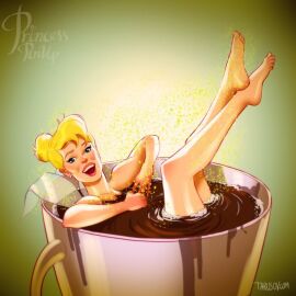 andrew_tarusov artist_name barefoot bathtub blonde_hair blue_eyes double_bun dress earrings fairy feet female jewelry nude partially_submerged peter_pan_(disney) solo tinker_bell watermark web_address wings