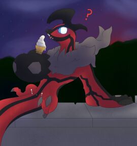 animal_genitalia anoelotl avian avian_feet bird black_body black_feathers blue_eyes claws cloaca cloud digital_drawing_(artwork) digital_media_(artwork) eating eating_food feathers female food food_fetish food_on_face generation_6_pokemon genitals grey_body grey_feathers hi_res horn ice_cream_cone legendary_pokemon looking_at_viewer night nintendo nude oblivious pokemon pokemon_(species) pupils question_mark red_body red_feathers sitting sky solo spread_legs spreading star starry_sky suggestive suggestive_food tail tongue tongue_out vanilla_ice_cream white_pupils wings yveltal