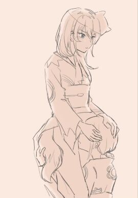 blush commentary cunnilingus female girls_band_cry hands_on_another's_head hashtag-only_commentary highres iseri_nina japanese_clothes kawaragi_momoka kemonomimi_mode kimono long_hair mask mask_on_head monochrome multicolored_hair obi oral parted_lips roots_(hair) sash sepia short_twintails standing standing_cunnilingus tail twintails wei_wei wolf_tail yuri