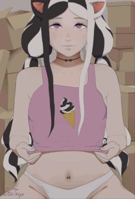 1girls 4_breasts animal_ears animated bandaid bandaids_on_nipples black_hair breast_drop breasts cat_ears cat_girl cat_tail clothes_lift covered_nipples female female_only low_twintails multi_breast multicolored_hair original panties pasties purple_eyes shirt_lift solo split-color_hair tail tank_top teemu_taiga twintails underwear white_hair