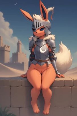ai_generated animated anthro armor blue_eyes bottomless_female castle crossed_legs eeveelution exposed_pussy female flareon generation_1_pokemon knight moon_symbol orange_body pokemon pokemon_(species) pussy sitting smile tagme video