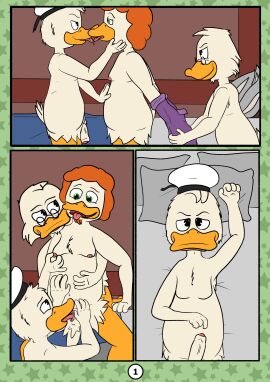 absurd_res aldenyates aldenyates_(character) anatid anseriform avian bird clothing comic cunnilingus disney donald_duck duck ducktales ducktales_(2017) female genitals group group_sex hi_res kissing male oral pussy scrooge_mcduck sex spread_pussy spreading threesome undressing vaginal_penetration