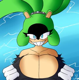 1girls accessory bettysantana big_breasts black_clothing black_hair blue_eyes breasts evil_smile female furry furry_female green_hair mischievous_smile mobian_(species) smile sonic_(series) sonic_the_hedgehog_(idw) sonic_the_hedgehog_(series) surge_the_tenrec white_body white_gloves