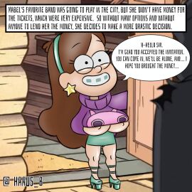 big_breasts big_penis breasts comic cum cum_in_face dialogue disney english english_text female gravity_falls haaus_b high_heels mabel_pines male massive_breasts money penis platform_heels prostitution text text_box tight_clothing