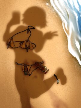 anal anal_plug beach bikini breasts buttplug character_request commentary copyright_request cowboy_shot crotchless crotchless_bikini cupless_bikini dildo dressed_shadow_(meme) english_commentary female gold_bikini golden_week holding holding_phone implied_nudity large_breasts male meme ocean penis penis-shaped_jewelry phone pussy pussy_juice sand sex_toy shadow short_hair solo swimsuit unworn_bikini ycgirl