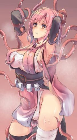 bandaged_leg bandages breasts elbow_gloves female gloves helpless highleg highres imminent_penetration imminent_rape imminent_sex original pelvic_curtain pink_hair restrained sawaya_(mizukazu) scared tentacle wide_sleeves