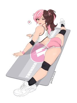 1girls arm_strap armwear ass blush bottomwear breasts brown_eyes brown_hair clothing female female_only footwear genfleur0108 gym_uniform gymnastics heterochromia high_resolution highres legs legs_apart looking_at_viewer neo_(rwby) pink_eyes pink_hair pink_shorts ponytail rwby shoes shorts socks solo solo_female speech_bubble splits spoken_heart sports_bra sports_uniform sportswear spread_legs thigh_strap thighs tongue tongue_out topwear two-tone_hair