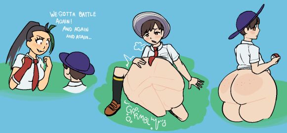 1boy 1girls ass ass_expansion ass_growth belly belly_bulge big_ass big_belly black_hair brown_hair dark-skinned_female dark_skin digestion expansion fat_ass female female_prey florian_(pokemon) freckles huge_ass huge_belly male male_focus male_pred maniacalfork necktie nemona_(pokemon) pokemon pokemon_sv post-vore post-vore_weight_gain same_size_vore sequence stomach_noises thick_thighs tie vore weight_gain