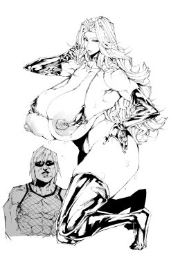 absurdres areola_slip bikini bleach breasts cleavage collar curvy elbow_gloves female fishnets gloves highres huge_breasts lips long_hair matsumoto_rangiku meme micro_bikini mole nipples pobotto sunglasses swimsuit thighhighs wet