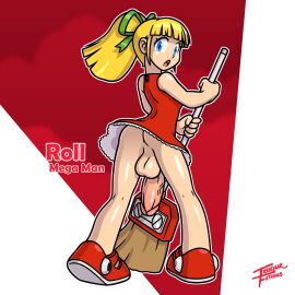 1futa android ass back back_view backsack balls ballsack blonde_hair blue_eyes bottomless breasts broom clothed clothing dickgirl dress erection futa_only futa_sans_pussy futanari huge_cock human intersex irregular_fetishes large_penis light-skinned_futa light_skin looking_back mega_man mega_man_(classic) no_panties partially_clothed penis ponytail robot roll solo standing testicles upskirt