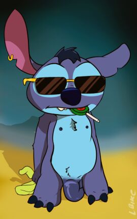 beach candy dessert disney eyewear food lilo_and_stitch lokiebike male male_only non-human non-human_only sea solo solo_male stitch_(lilo_and_stitch) sunglasses toony towel water