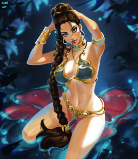 1girls abstract_background armpits arms_up blue_eyes breasts female large_breasts on_knees ponytail princess_leia_organa rebel_(star_wars) slave slave_bikini slave_leia star_wars tagme tatti_art tattiart