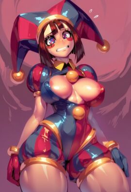 1girls ai_generated bare_breasts big_breasts blush brown_hair clothed clothing color embarrassed female female_focus female_only gigiti hi_res jester jester_hat large_breasts light-skinned_female light_skin looking_at_viewer nipples pomni_(the_amazing_digital_circus) short_hair solo solo_female the_amazing_digital_circus thick_thighs