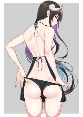1girls apron apron_only ass ass_cleavage ass_crack back big_breasts black-haired_female black_apron black_hair blue-haired_female blue_hair breasts busty busty_female butt_crack dot_nose douyara_boku_no_hanayome_wa_onna_kishidan_na_you_de elbows estelle_invite female female_only fingernails fingers gradient_hair grey_background hair_between_eyes head_tilt high_resolution highres horn hourglass_figure large_breasts lean_figure legs light-skinned_female light_skin long_hair looking_at_viewer looking_back multicolored_hair narrow_waist nori_gorou pale-skinned_female pale_skin purple-haired_female purple_hair red-eyed_female red_eyes shoulders sideboob simple_background slender_body slender_waist slim_female slim_waist smooth_skin solo standing thick_ass thick_thighs thigh_gap thighs thin_waist tilted_head upper_body white_background white_horn wide_hips
