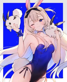 1girls ;) animal animal_ears bare_arms bare_shoulders black_choker blonde_hair blue_choker blue_eyes blue_leotard blue_sky blush breasts brown_hair bunny bunny_ears bunny_girl bunny_tail bunnysuit choker closed_mouth cloud collarbone covered_navel cowboy_shot fake_animal_ears fake_tail female female_only groin hairband holding holding_animal leotard long_hair looking_at_viewer one_eye_closed sky small_breasts smile solo standing strapless strapless_leotard swimsuit tail very_long_hair virtual_youtuber vyugen wrist_cuffs yenko yenkoes