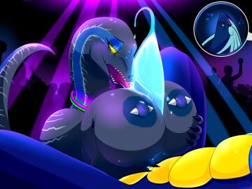 anthro big_breasts big_penis blacklight blue_(jurassic_world) blue_body blue_nipples blue_penis blue_scales blueondrive bodily_fluids breast_play breasts crowd dinosaur dromaeosaurid duo erection female genital_fluids genitals grey_body grey_scales group hi_res huge_breasts jurassic_park_(franchise) jurassic_world licking licking_penis long_neck male male/female nipple_piercing nipples non-mammal_breasts non-mammal_nipples nude oral paizuri party penile penis penis_lick penis_licking piercing precum prehistoric_species rave reptile scales scalie sex sharp_teeth silhouetted_body teeth theropod titfuck titjob tongue tongue_piercing universal_studios velociraptor yellow_eyes