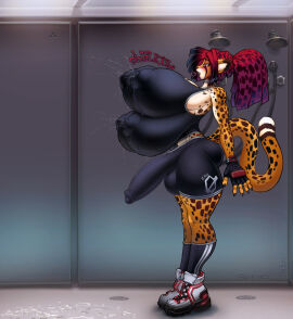 4_breasts anthro areola_outline augmented balls balls_expansion balls_growth balls_growth_(enlargement) big_breasts big_bulge biped bodily_fluids breast_expansion breast_growth breast_growth_(enlargement) breasts bulge cheetah clothed clothing detailed_bulge digital_media_(artwork) english_text expansion felid feline fingerless_gloves footwear frieda_(snao) futanari genital_expansion genital_growth genital_growth_(enlargement) gloves gradient_hair hair handwear huge_breasts intersex lactating lactating_through_clothing long_hair mammal markings milk multi_breast nipple_outline penis penis_expansion penis_growth penis_growth_(enlargement) ponytail raised_tail shoes shower skimpy snao socks solo spots spotted_body standing tail text wet wet_clothing