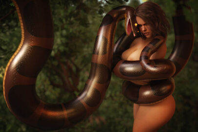 3d brown_hair buxom_breasts coiled coiling coils cuddle doesn't_want_it female kaa lompich nipples nude nude_female python red_lips snake