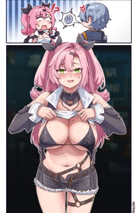 1boy 1girls angry asking_for_it bikini bikini_top blush breasts curvy curvy_figure desperate desperation female flashing flashing_breasts green_eyes large_breasts male midriff mole_on_breast money nicole_demara pink_hair shirt_lift untied untied_bikini wise_(zenless_zone_zero) zenless_zone_zero