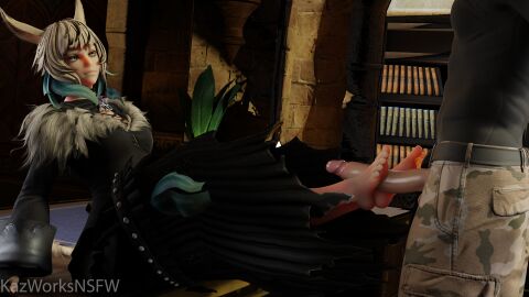 1boy 1boy1girl 1girls 3d 3d_(artwork) 3d_background 3d_model 3d_render 8k clothed feet feet_focus feet_on_penis feet_together feet_up female final_fantasy final_fantasy_xiv foot_fetish foot_focus foot_worship footjob hi_res highres kazworksnsfw male miqo'te square_enix y'shtola