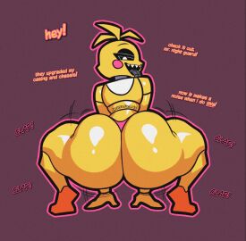 1girls 2025 all_fours animatronic animatronic_female anthro anthro_female ass ass_bigger_than_head ass_bigger_than_torso ass_focus avian avian_humanoid badjujuarts beakless bedroom_eyes bib big_ass black_and_white_eyes black_eyes black_sclera bottom_heavy chicken chicken_girl clapping_cheeks dialogue eyelashes fat_ass female female_only female_robot five_nights_at_freddy's five_nights_at_freddy's_2 flirting flirting_with_viewer grey_tongue huge_ass looking_at_viewer looking_back movement_lines onomatopoeia pink_cheeks pink_panties robot_girl robot_joints robot_only robot_tongue rosy_cheeks scottgames shaking shaking_ass shaking_butt sharp_teeth shiny_skin simple_background solo solo_female sound_effects talking_to_viewer text thick_thighs thong throwing_it_back tongue tongue_out toy_chica_(fnaf) twerking twerking_at_viewer twitter_username watermark white_iris white_pupils wide_hips yellow_body yellow_skin