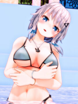 1girls 2022 3d belly_button below_view bikini blue_bowtie blue_eyes breasts embodiment_of_scarlet_devil female hairpin human light-skinned_female light_skin looking_at_viewer mmd necklace pool sakuya_izayoi solo_female solo_focus submerged swimsuit touhou water white-haired_female white_hair yabuinu_mmder