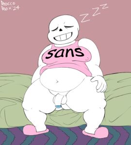breasts fat fat_thighs half_naked large_belly large_breasts male male_only male_with_breasts moobs pink_shirt roccorox sans sans_(undertale) solo solo_focus undertale
