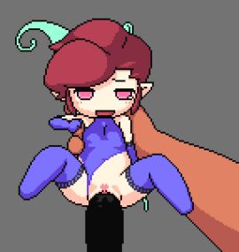 1boy akai_(ugokashitari) animated blue_leotard blush breasts brown_hair censored clothing_aside elbow_gloves fairy fairy_wings female gloves happy_sex highleg highleg_leotard leotard leotard_aside looking_at_viewer lowres male micro_female mini_person penis pink_eyes pixel_animation pixel_art pixie_(megami_tensei) pointy_ears pussy pussy_juice saliva shin_megami_tensei short_hair size_difference small_breasts smile stomach_bulge tears thighhighs vaginal_penetration wings