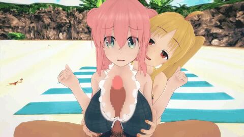 1boy 2girls 3d animated assisted_paizuri beach bikini bisexual_female blonde_hair blue_bikini blue_eyes bocchi_the_rock! closed_mouth dark-skinned_male dark_skin day dot_nose double_bun edmond_(artist) embarrassed empty_eyes eyebrows_hidden_by_hair gotoh_hitori grabbing_another's_breast groping hair_bun ijichi_nijika interracial koikatsu_(medium) long_hair looking_at_viewer multicolored_bikini multiple_girls naughty_face outdoors paizuri penis petite pink_hair ponytail pov pov_crotch red_eyes side_ponytail smile swimsuit tagme two-tone_bikini video white_bikini yellow_bikini