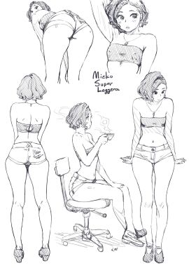 ass belly_button bending_over bent_over big_ass black_and_white breasts character_request female fluffy_hair hard_nipples high_heels jean_shorts leaning_forward long_legs short_hair shorts sketch sketch_page slim_waist small_breasts thick_ass thick_thighs top wide_hips xiao_woo